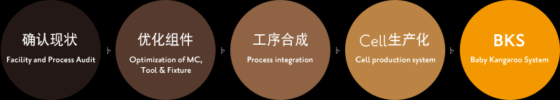 确认现状 Facility and Process Audit - 优化组件 Optimization of MC,
Tool & Fixture - 工序合成 Process integration - Cell生产化 Cell production system - BKS Baby Kangaroo System